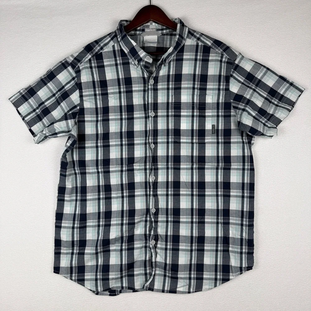 Columbia Button Down Shirt Mens XL Blue Plaid Short Sleeve Regular Fit AM9132